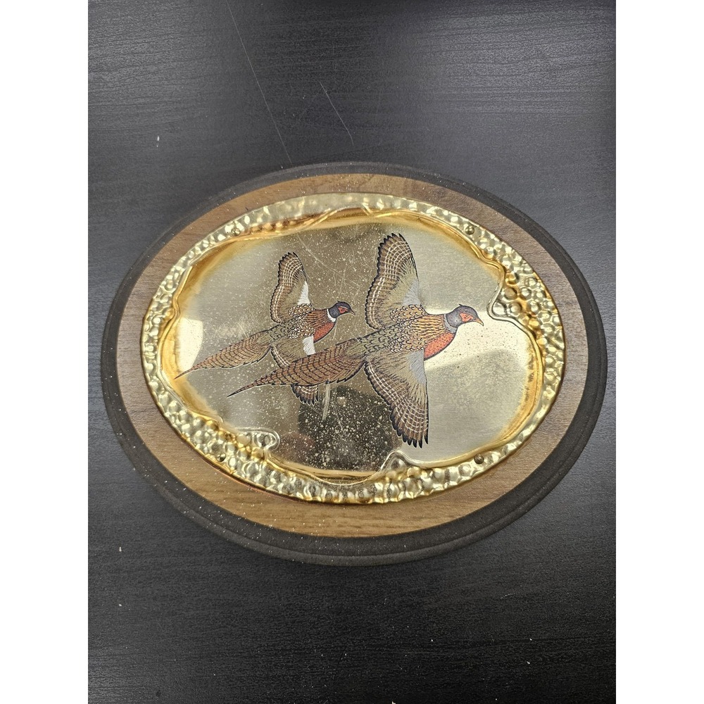 Gold Tone Pheasant Plaque Oval Wood Metal Rustic‎ Wildlife Birds Small Decor